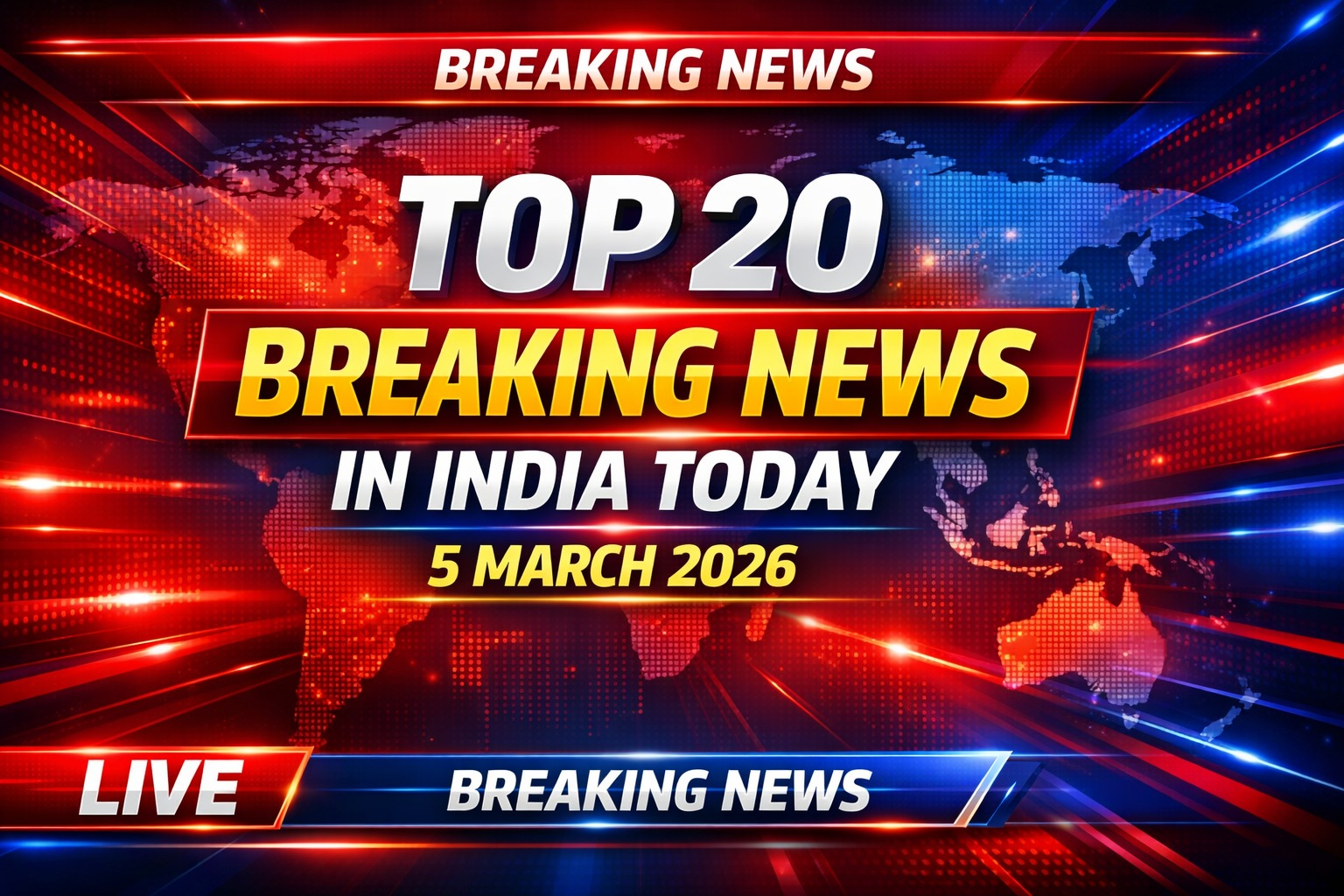 Top 20 breaking news headlines in India today 5 March 2026 covering economy politics markets and weather